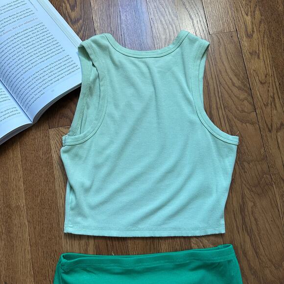 Green Two Piece Crew Neck Ribbed Tank Top Bodycon Slit Midi Skirt Set - Picture 7 of 11
